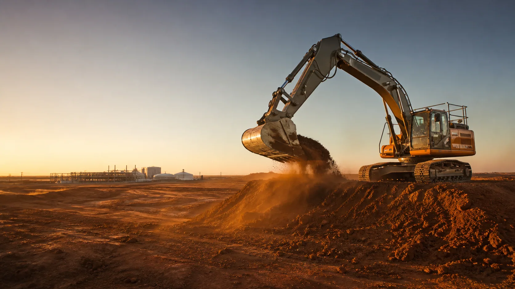 Excavator moving red earth on a Perth civil site at sunset